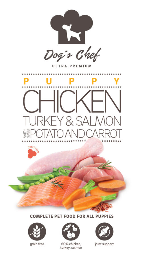 Dog’s Chef CHICKEN, TURKEY & SALMON WITH SWEET POTATO AND CARROT Puppy